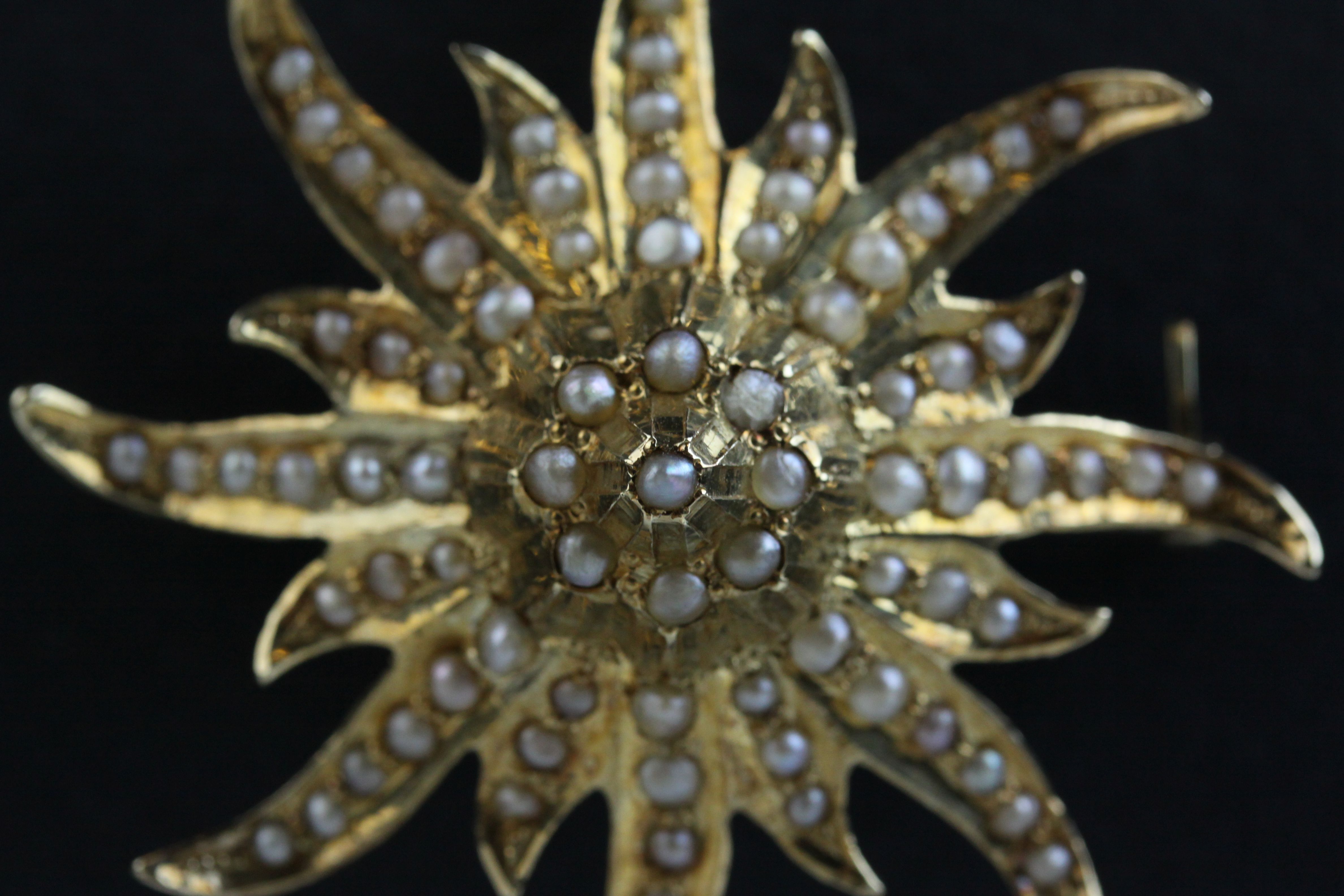 Seed pearl 14ct gold tiered sunburst pendant brooch, full set with seed pearls, later safety - Image 4 of 6