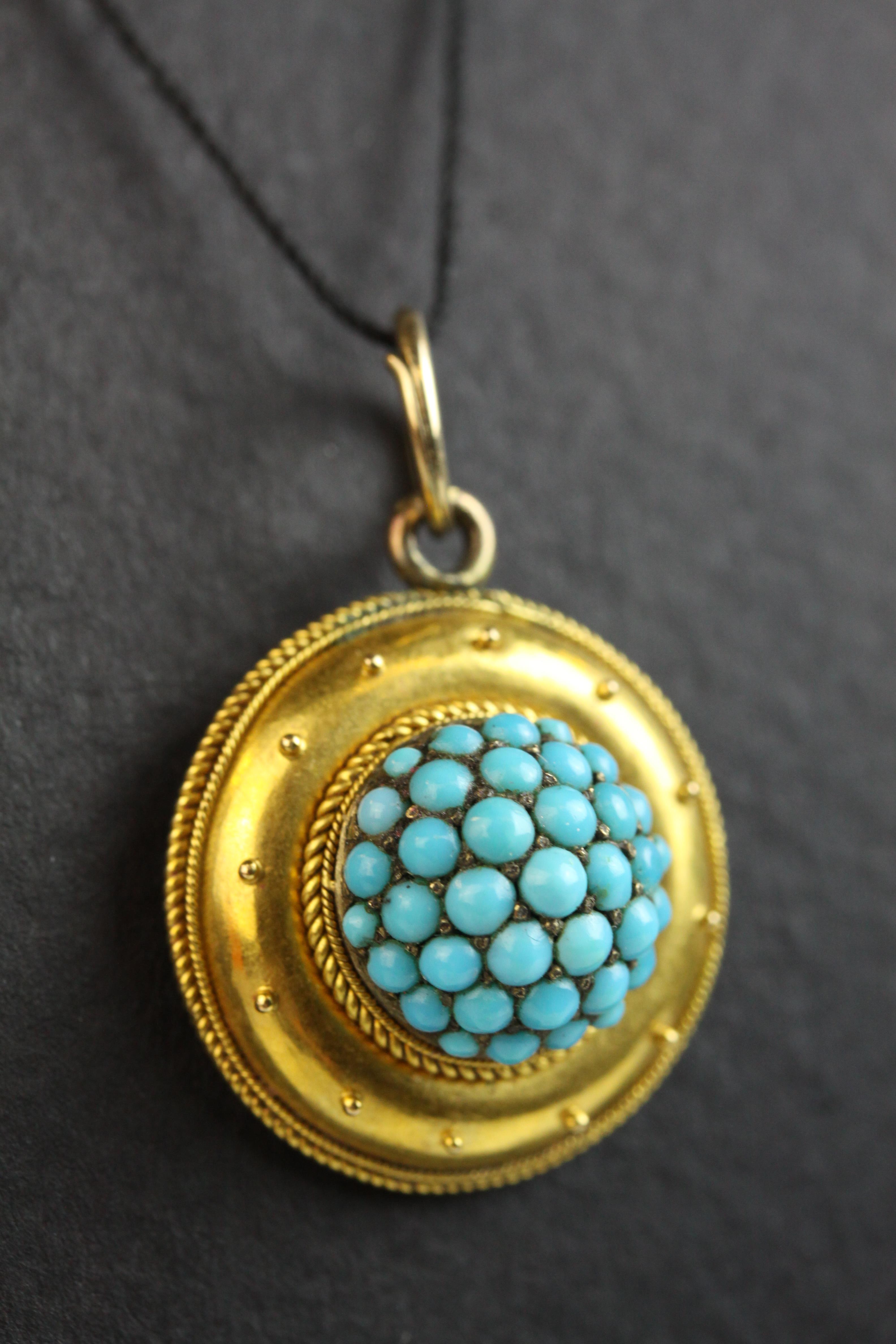 Victorian Etruscan turquoise target pendant, unmarked gold, the centre comprising thrity-seven - Image 2 of 4