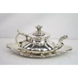 White metal teapot and stand, squat melon shaped teapot, height approx 11cm, marquised shaped fluted
