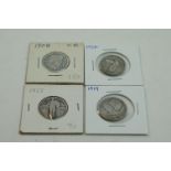 Four United States Of America silver quarter dollar coins to include dates 1908, 1927 and 1919.