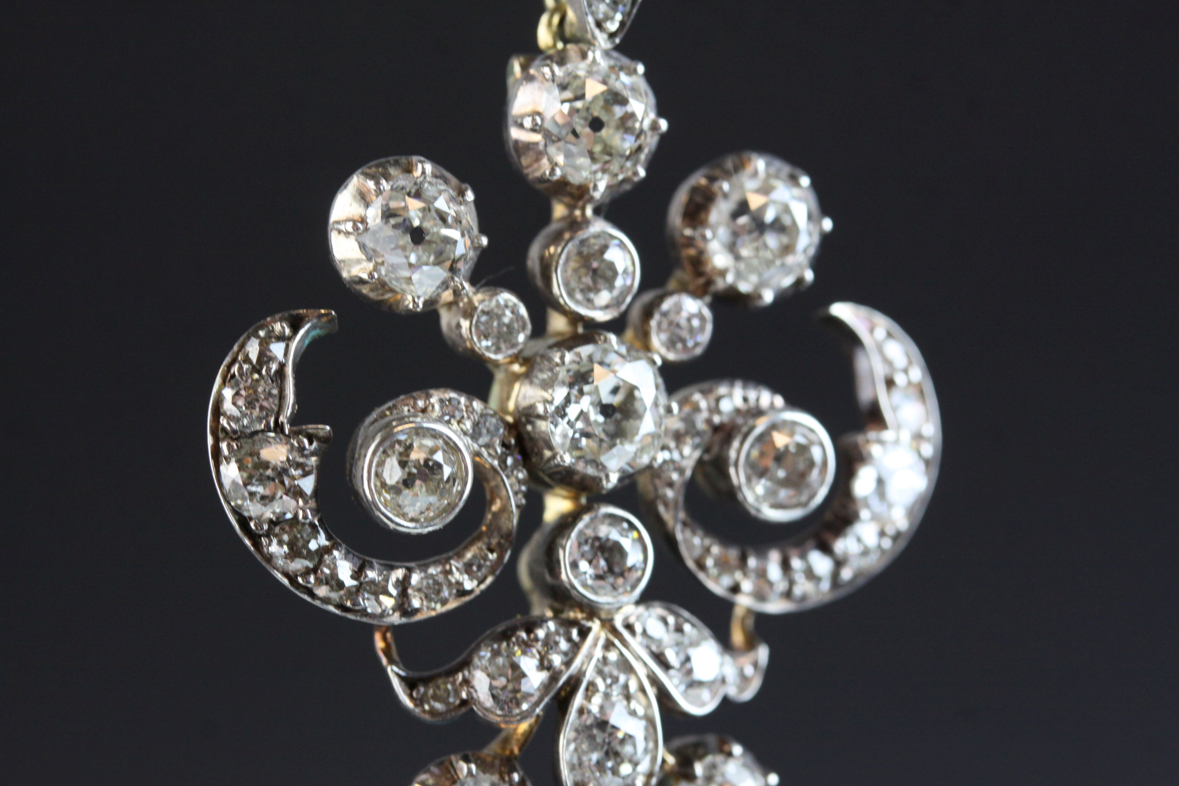 Victorian diamond pendant necklace with dropper, scroll design, the principle old round brilliant - Image 3 of 8