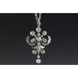 Victorian diamond pendant necklace with dropper, scroll design, the principle old round brilliant