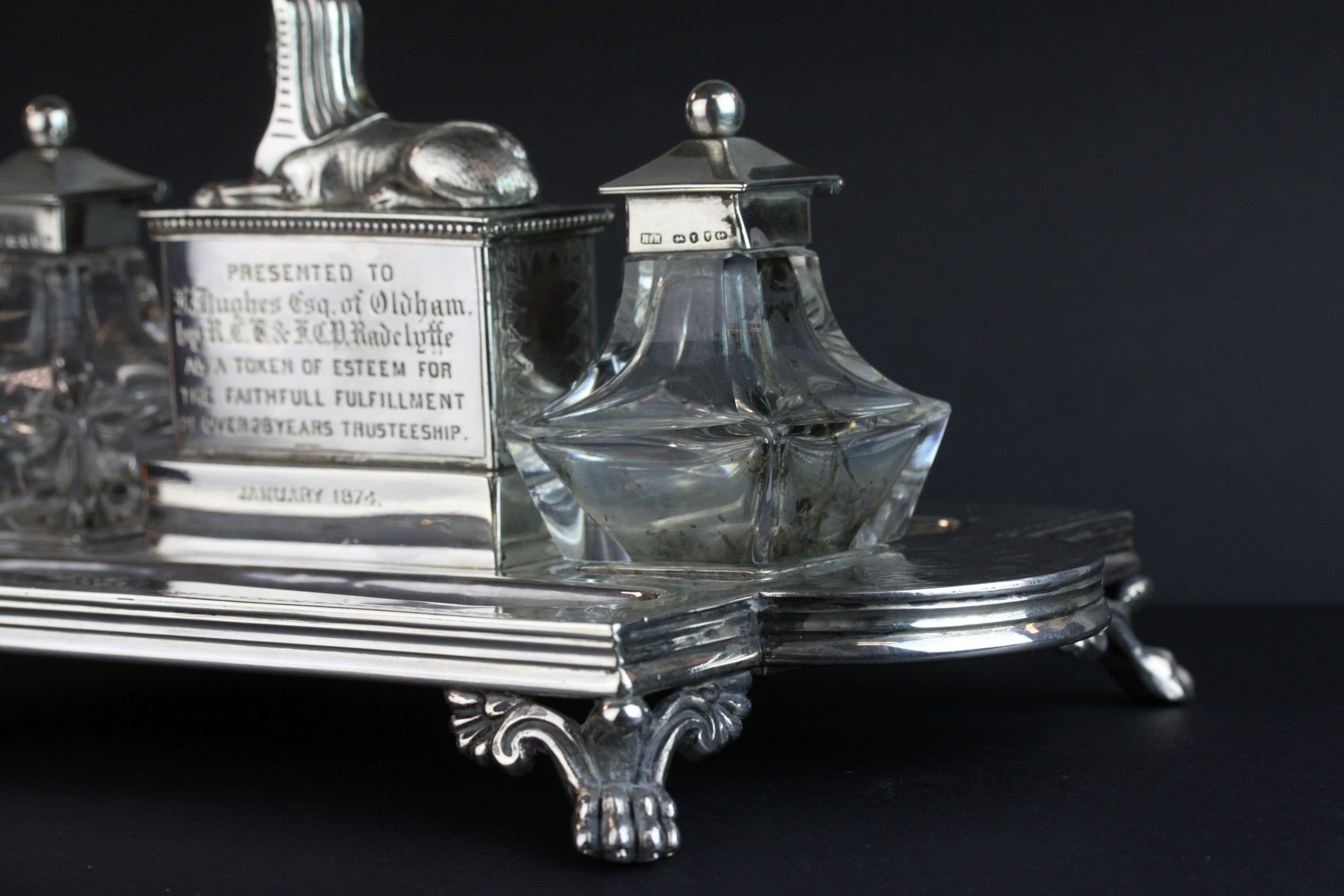 Victorian silver double ink and pen desk stand, the central compartment with cast Sphinx surmount - Image 6 of 20