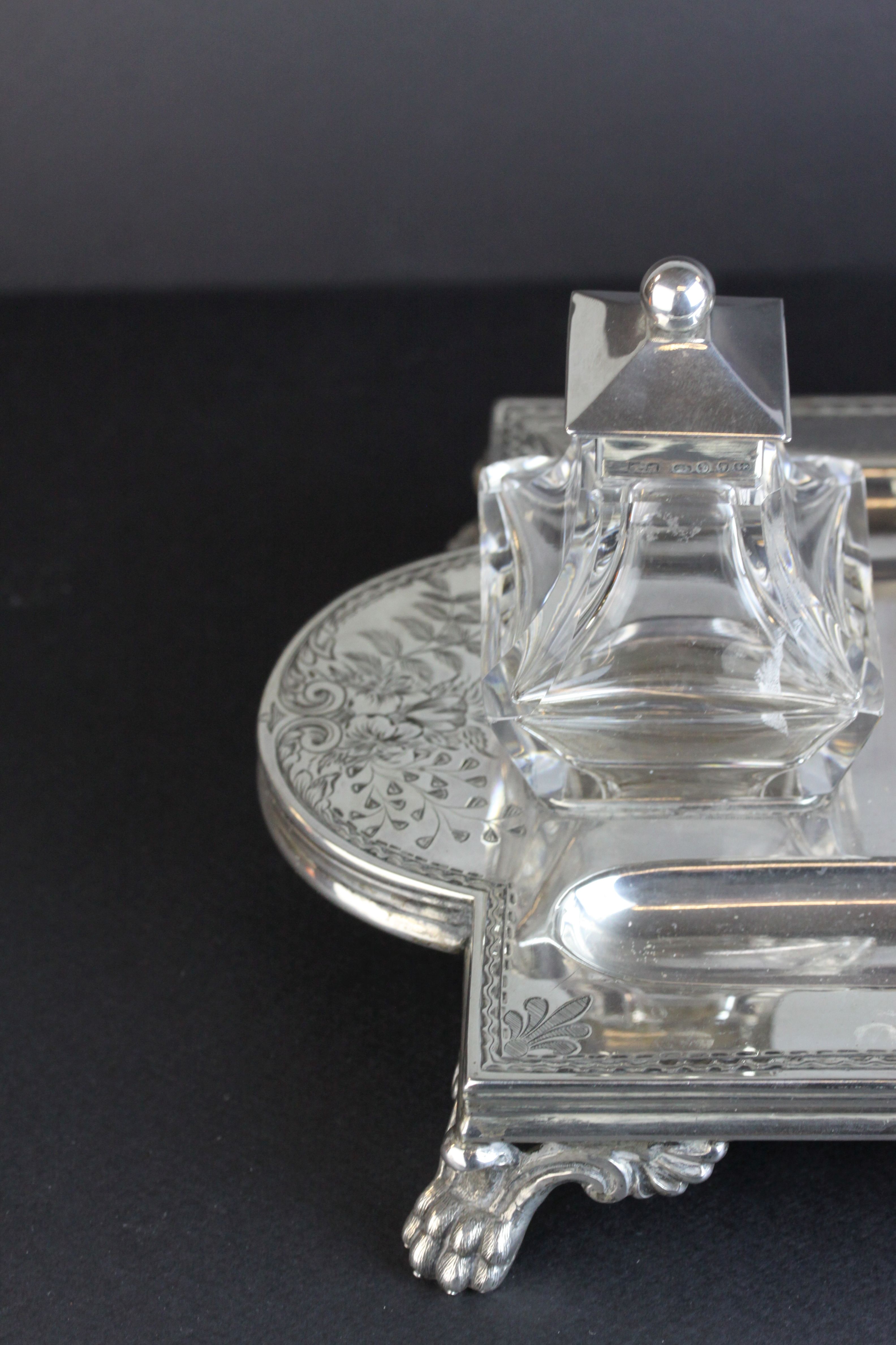 Victorian silver double ink and pen desk stand, the central compartment with cast Sphinx surmount - Image 2 of 20