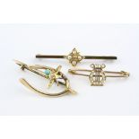 Diamond and seed pearl 18ct yellow gold quattre foil brooch head set to rolled gold bar brooch; an