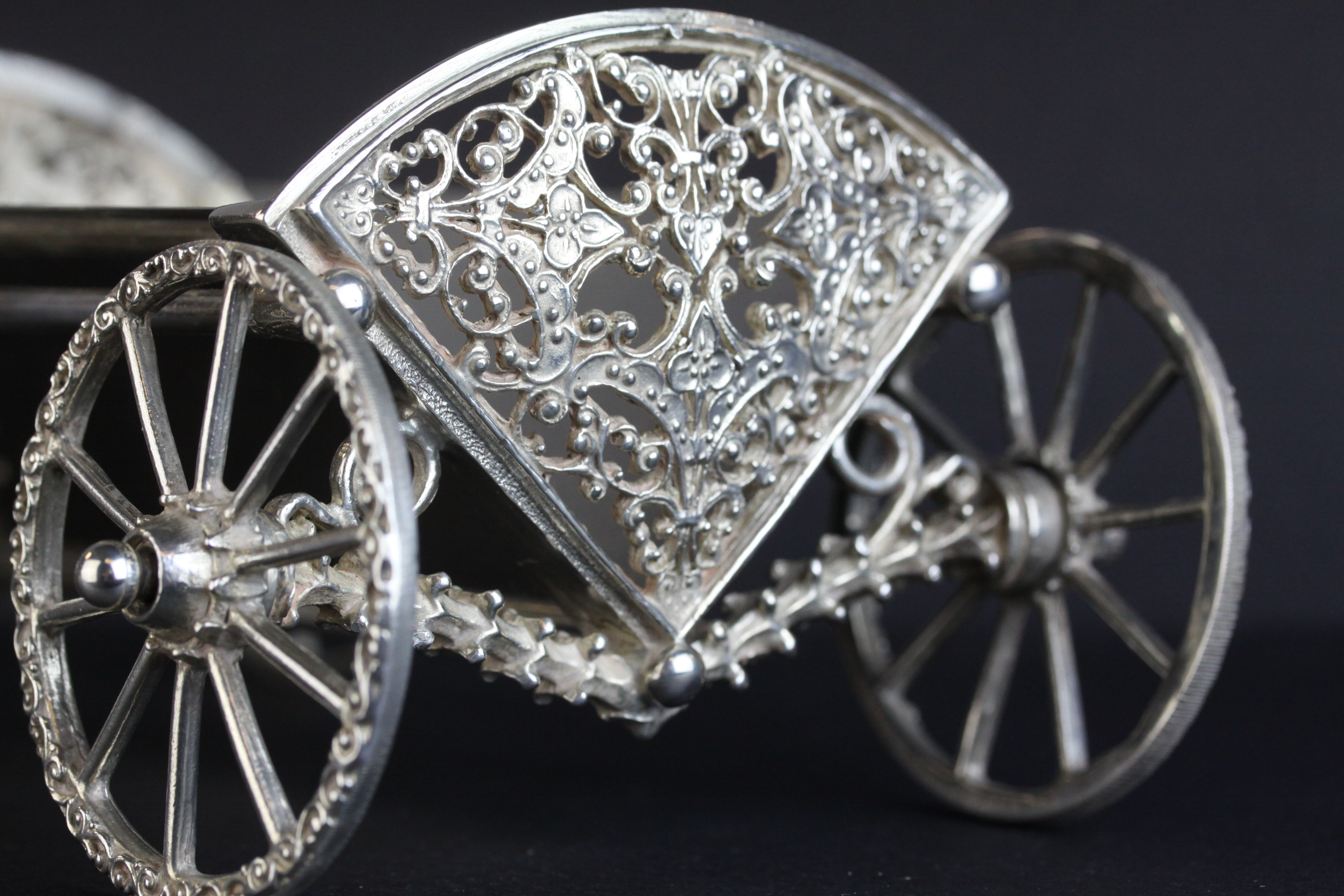 Harrods silver bon bon trolley in the form of a carriage, the pierce tail pieces with foliate scroll - Image 6 of 8