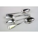 Four various fully hallmarked silver dessert spoons, fiddle pattern, old English pattern and