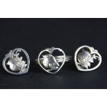 Arno Malinowski for Georg Jensen; pair of sterling silver heart shaped earrings modelled as a bird