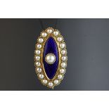 Edwardian pearl and enamelled unmarked yellow gold lace pin, the central blue enamelled marquise