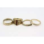 Four 9ct yellow gold rings to include wedding band with engraved repeating heart shape pattern; ring
