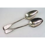 Pair of George III silver serving spoons, fiddle pattern, initialled terminals, makers Alice &