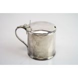 George III silver drum mustard pot, engraved initials to body, trefid thumb piece, blue glass liner,