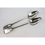 Pair of George IV silver basting spoons, fiddle pattern, initialled terminals, makers George Turner,