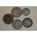 A small collection of Queen Victoria silver coins to include a 1890 Crown, 1845 Crown, 2 x 1890