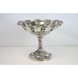 Victorian silver pedestal dish, repousse fruit, berry & floral decoration to bowl, repousse ribbon &
