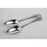 Pair of George III silver table spoons, bright cut decoration, initialled terminals, makers George