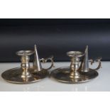 Pair of George III silver chamber sticks with matched snuffers, engraved bee crest to drip tray