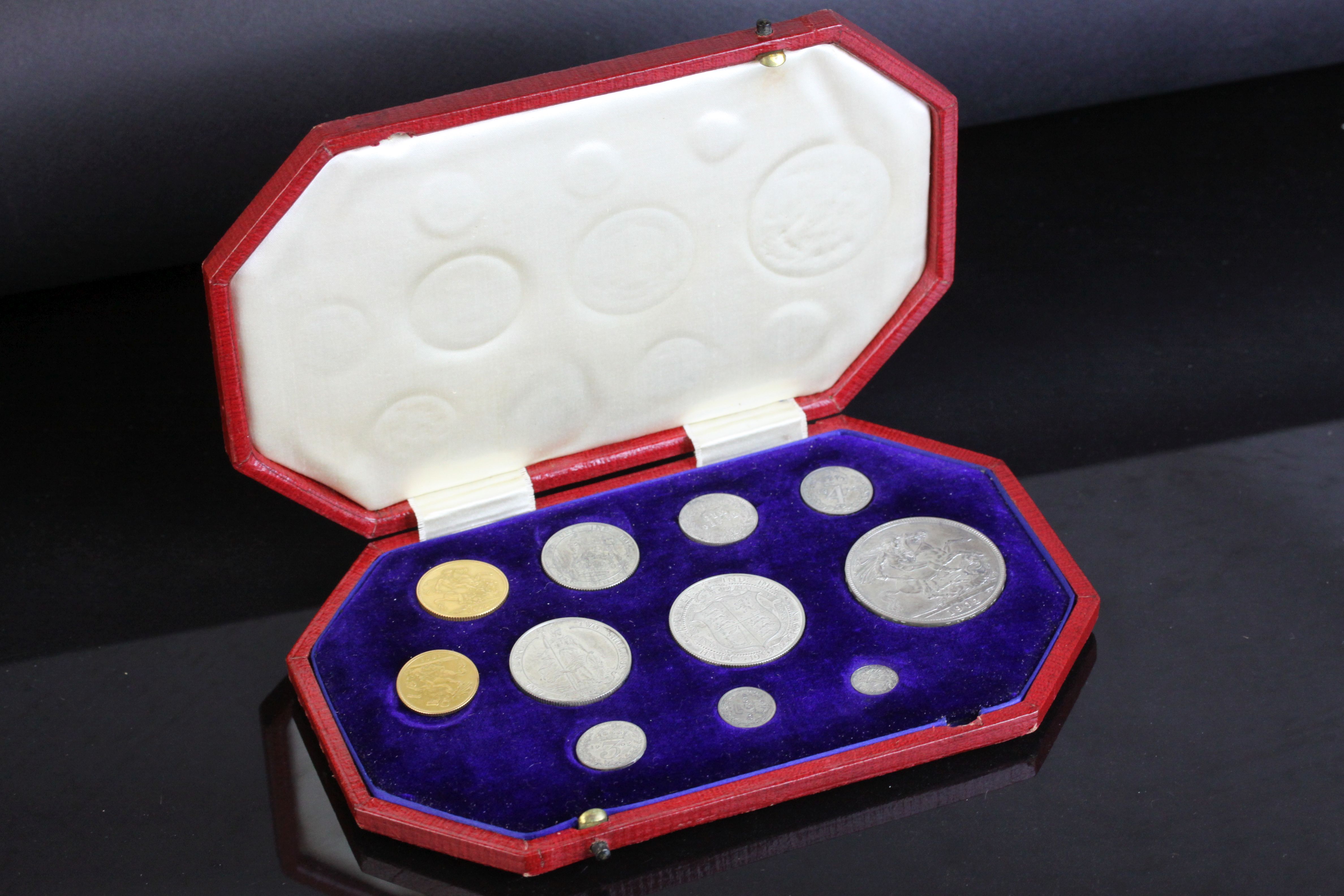 Cased 1902 Specimen Coins set, complete with 11 coins to include full gold sovereign and half gold