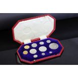 Cased 1902 Specimen Coins set, complete with 11 coins to include full gold sovereign and half gold