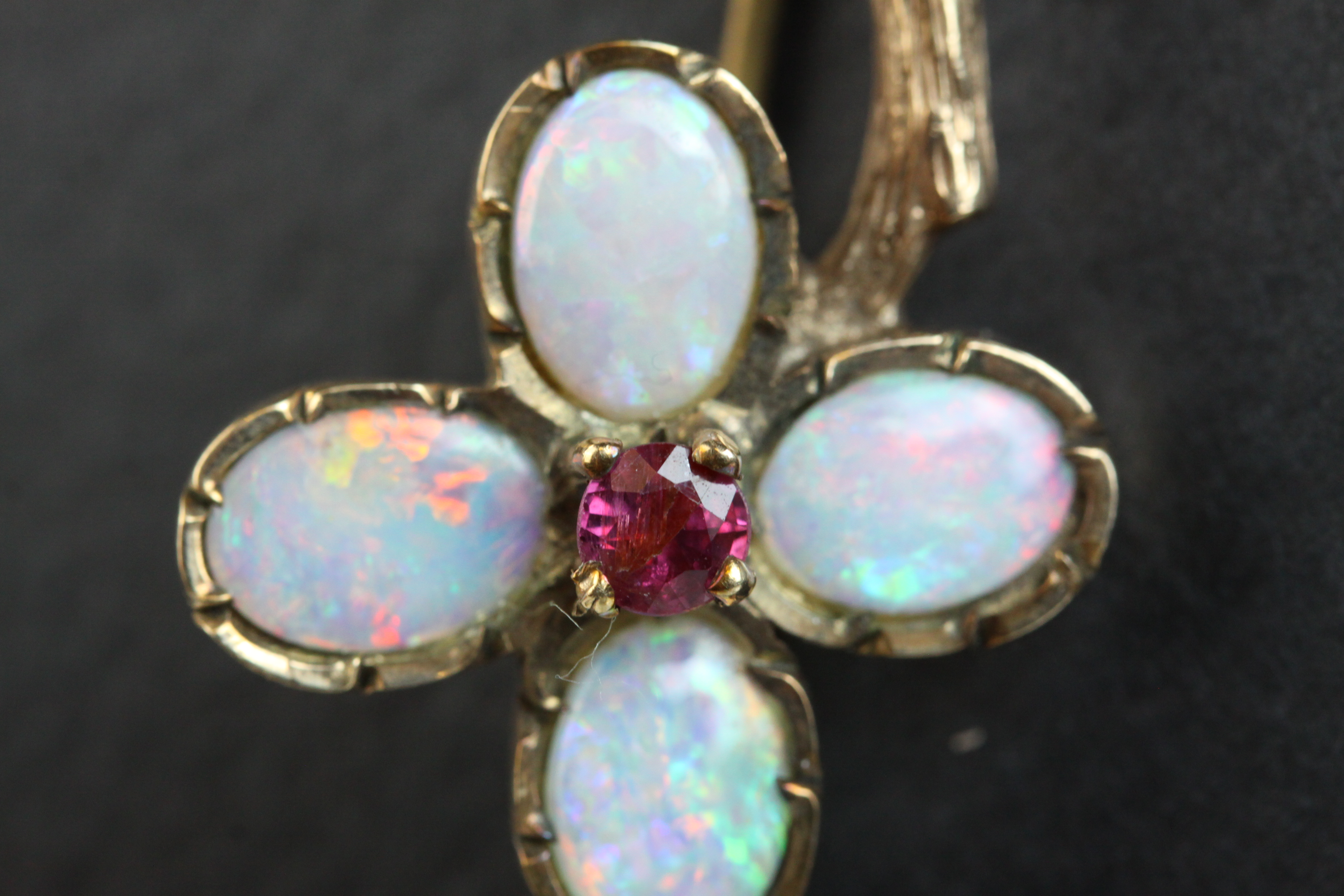 Victorian opal and ruby 9ct rose gold flower head brooch, the flower head formed of four oval - Image 2 of 4