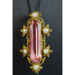 19th century foiled pink stone and pearl yellow metal brooch, the central rectangular faceted