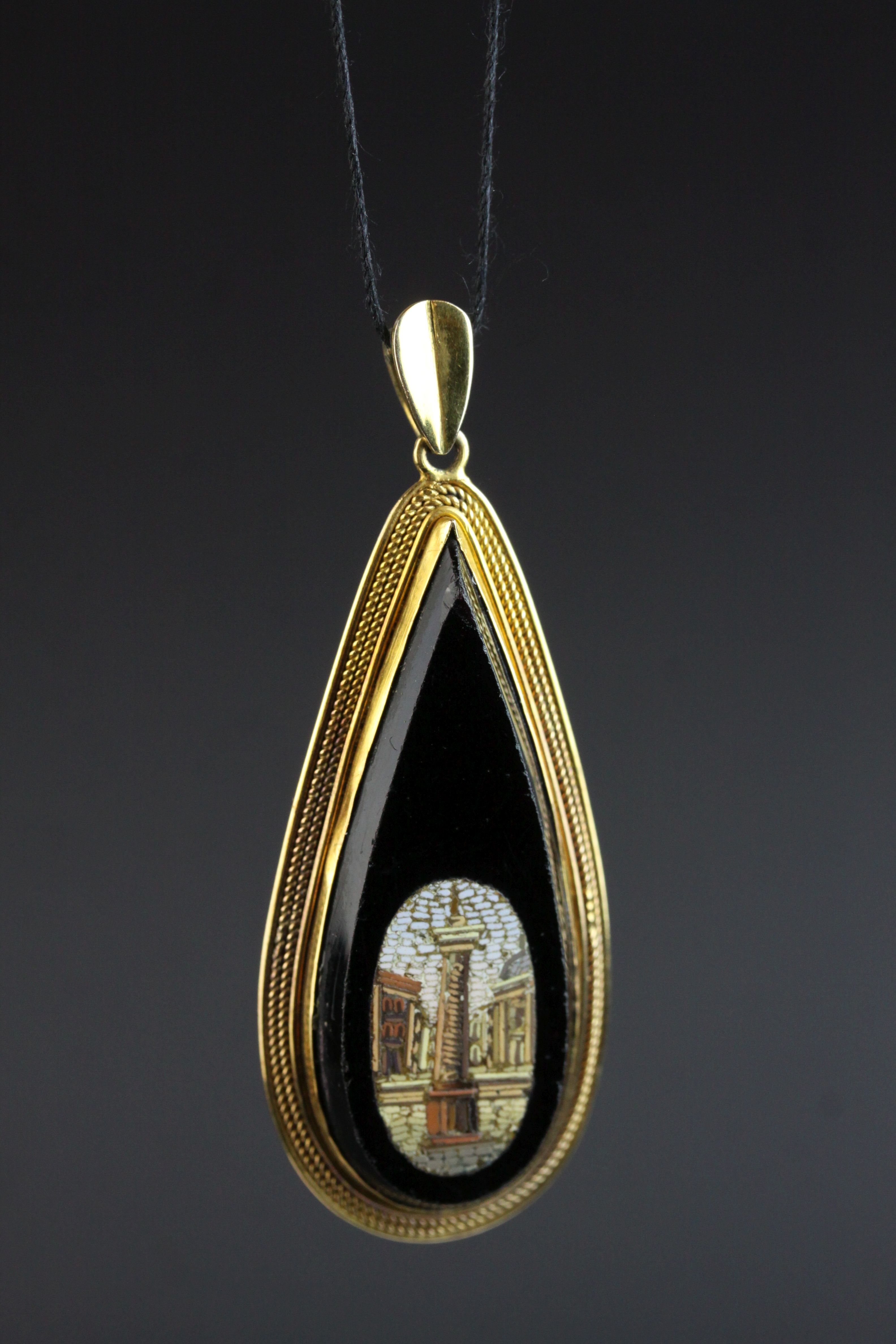 Victorian micro-mosaic unmarked yellow gold pendant depicting Trajan's Column, rub over setting, - Image 2 of 7