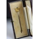 Edwardian fox head 9ct gold tie pin/ bar brooch, the fox head with ruby eyes, early safety catch