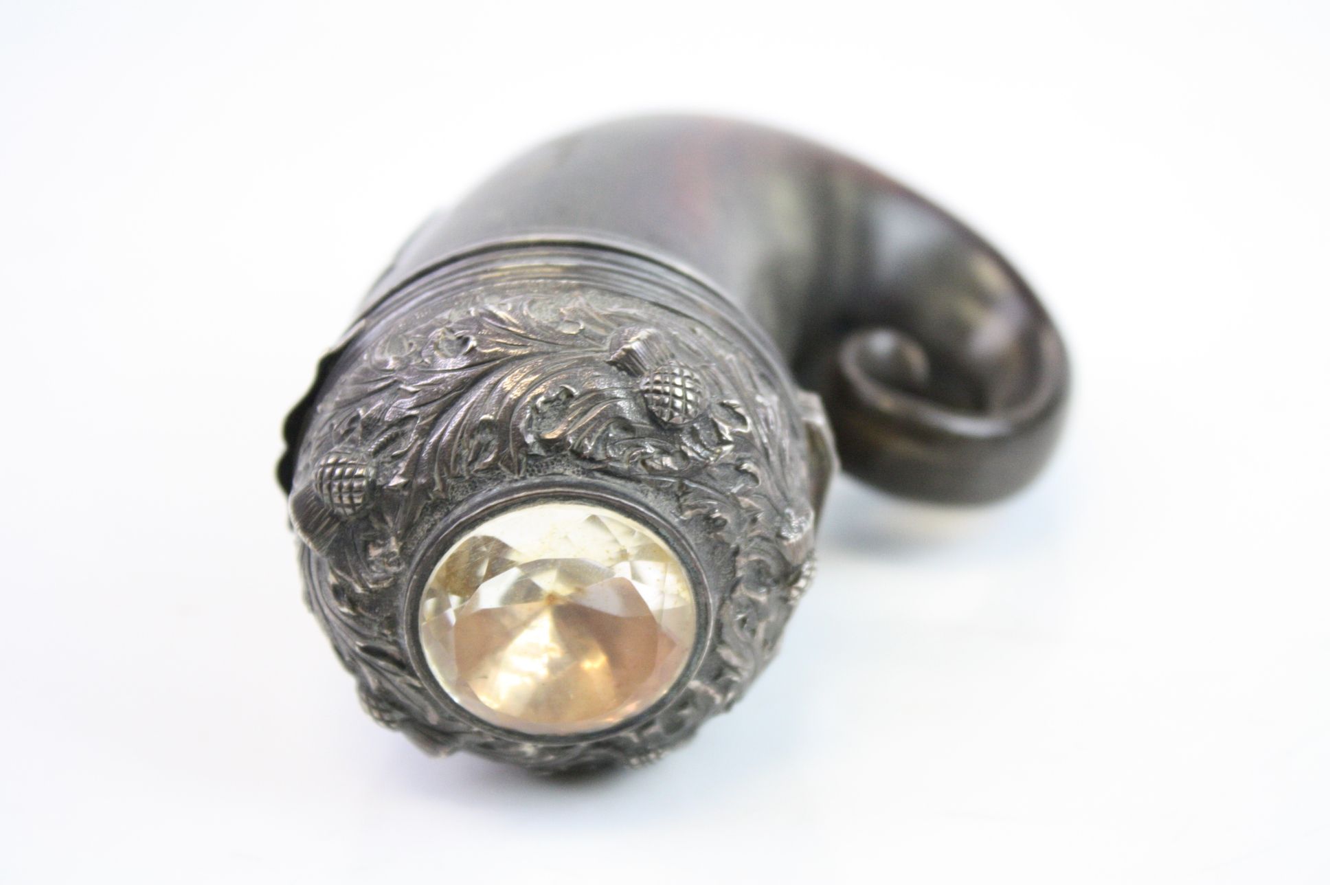 Scottish snuff mull, the hinged white metal cover with repousse repeating thistle decoration and - Image 2 of 5