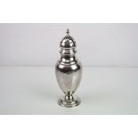 Edwardian silver sugar caster, plain polished baluster form, turned finial makers Edward Barnard &