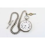 Silver open face key wind small pocket watch, white enamel dial and subsidiary dial, black Roman