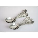 Set of 12 silver teaspoons, rose bud and foliate decoration to stem and terminal, stamped