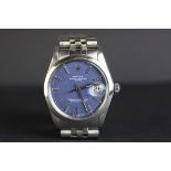 A gents stainless steel Rolex Oyster Perpetual Date 34mm. Midnight blue dial, date aperture at 3