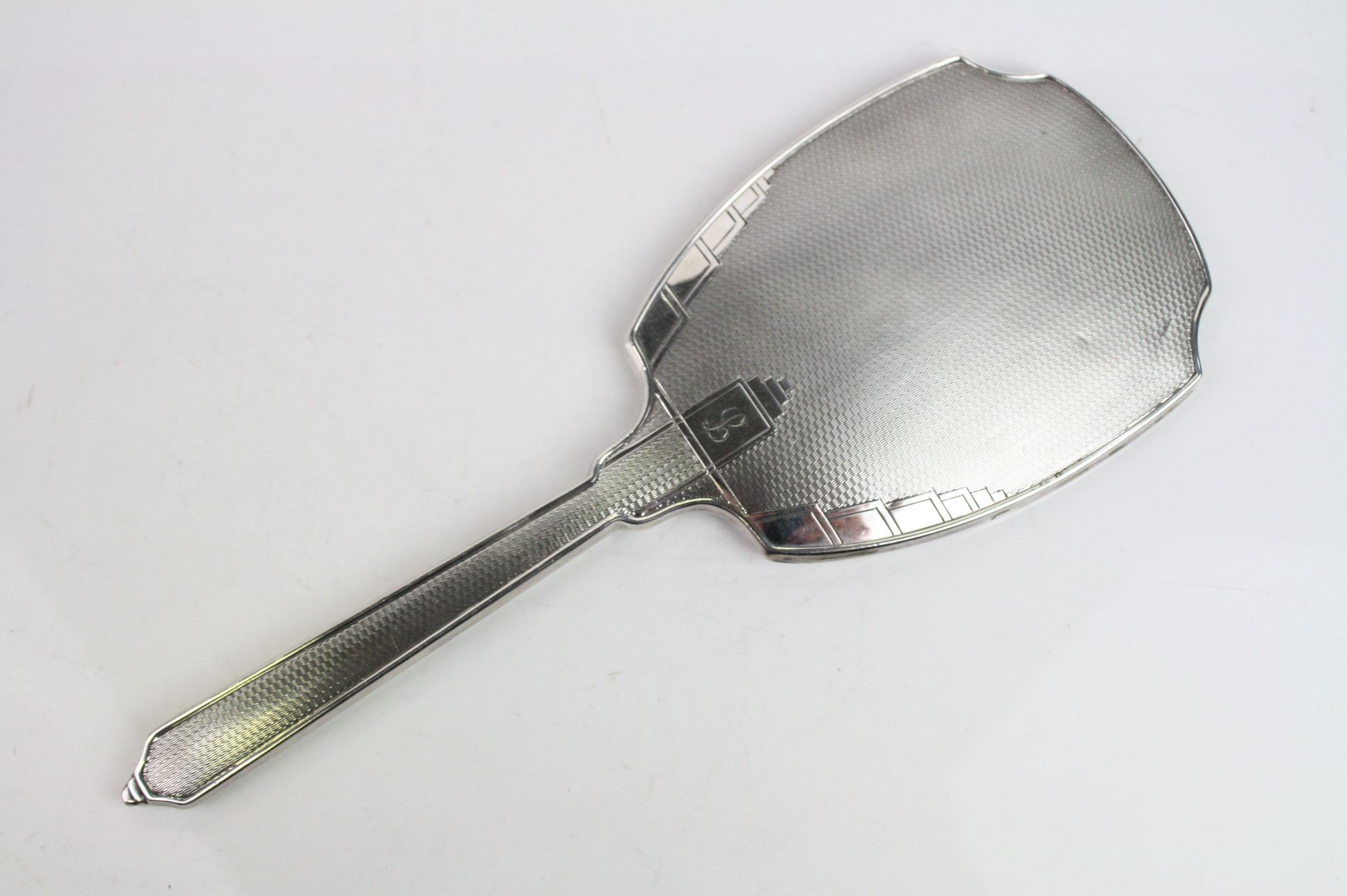Art Deco silver backed hand mirror, engine turned decoration, stepped details, engraved initial, - Image 2 of 4