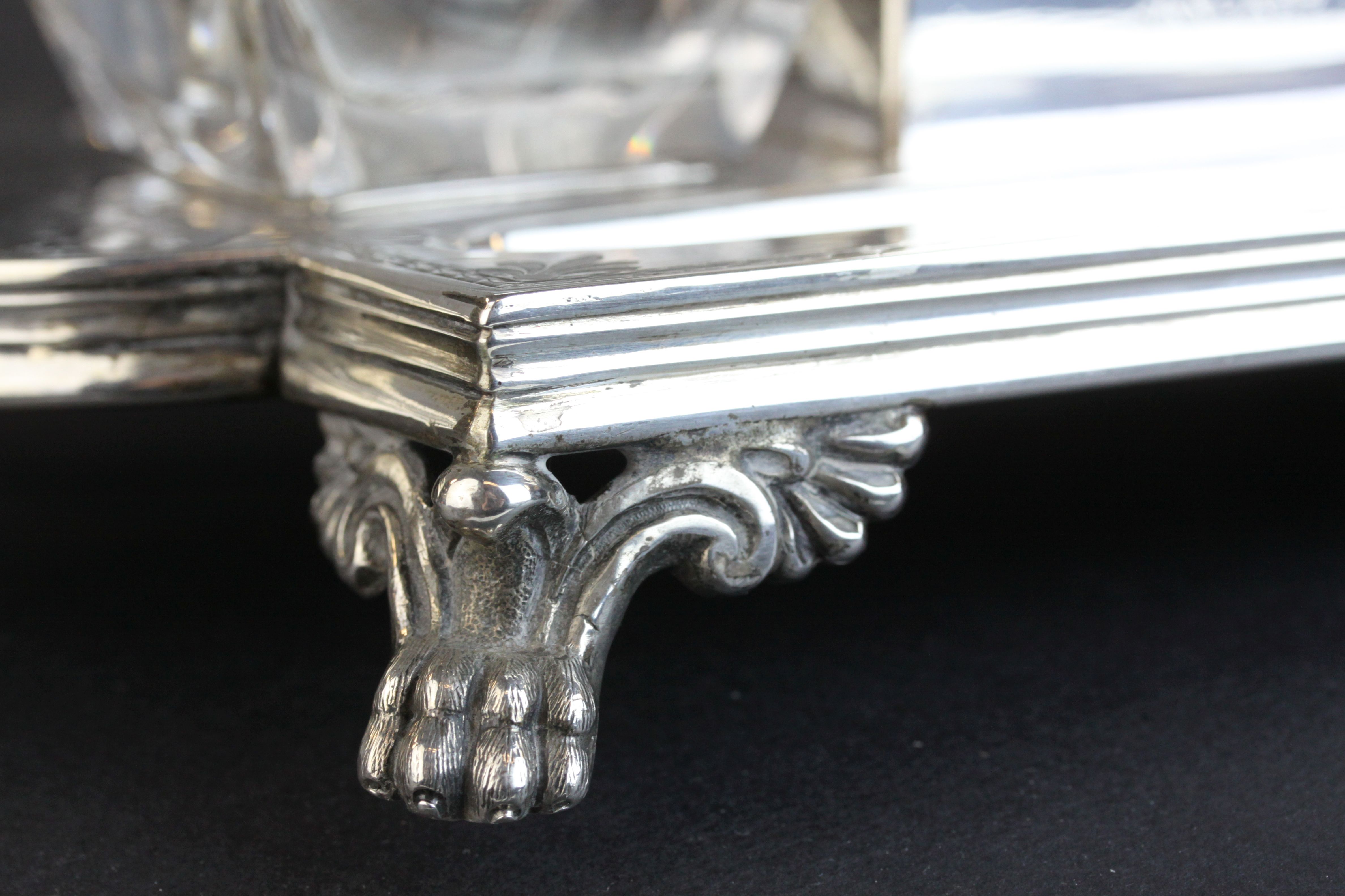 Victorian silver double ink and pen desk stand, the central compartment with cast Sphinx surmount - Image 4 of 20