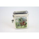 Silver vesta case that has been converted to a lighter, with enamel hunting scene plaque, makers