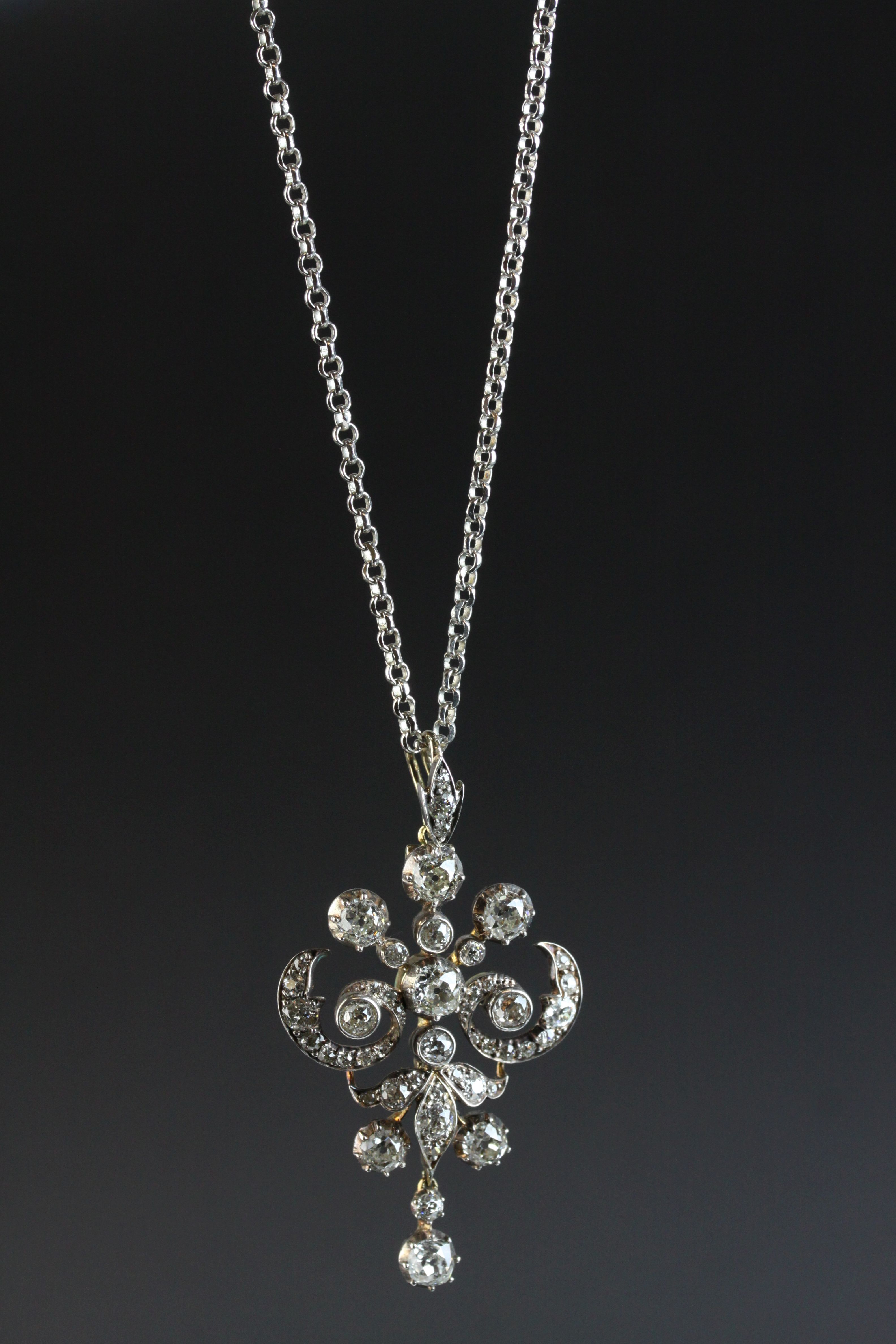 Victorian diamond pendant necklace with dropper, scroll design, the principle old round brilliant - Image 2 of 8
