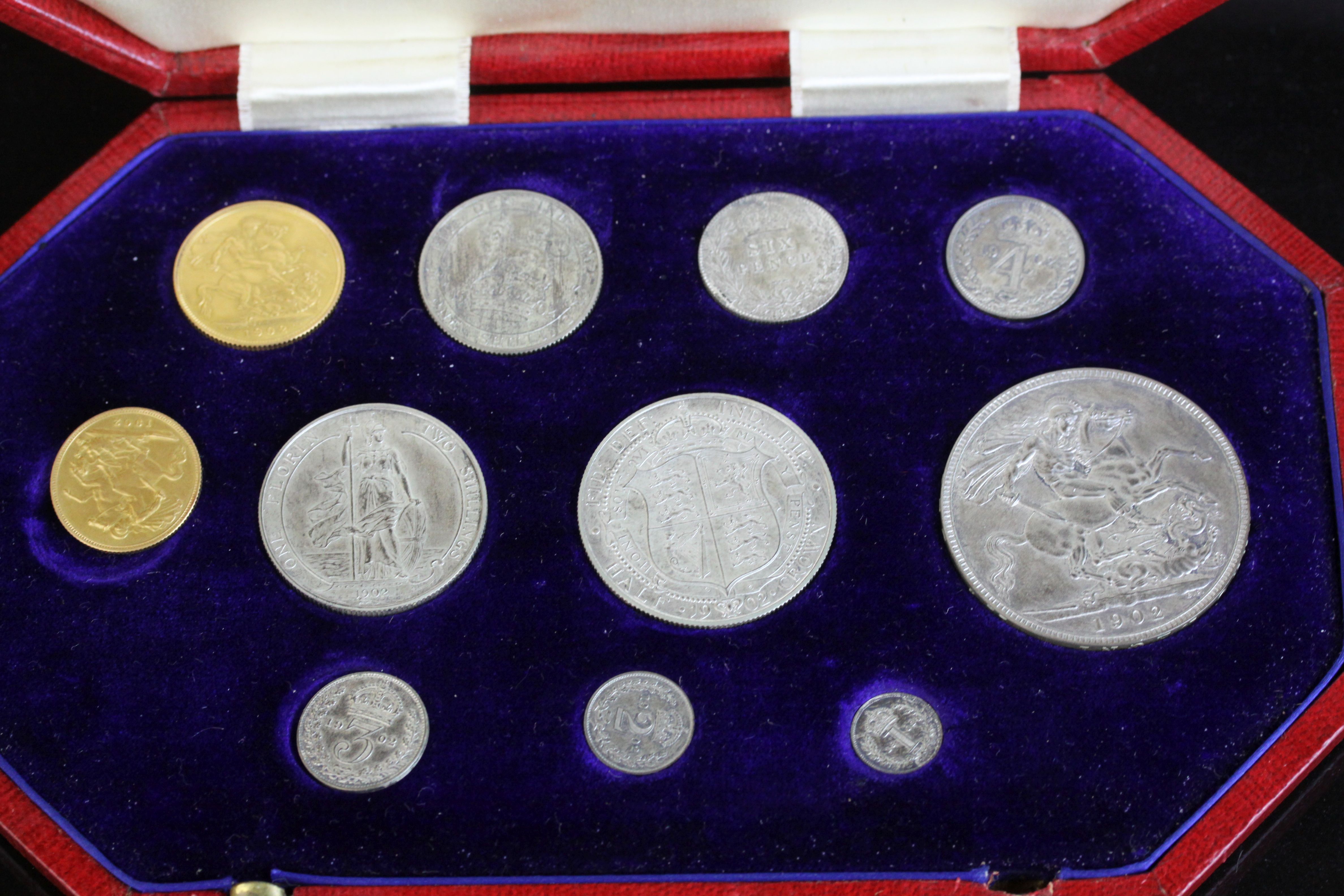 Cased 1902 Specimen Coins set, complete with 11 coins to include full gold sovereign and half gold - Image 2 of 6