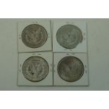 Four United States Of America silver Morgan Dollar coins to include dates 1886, 1891, 1882 and 1885,