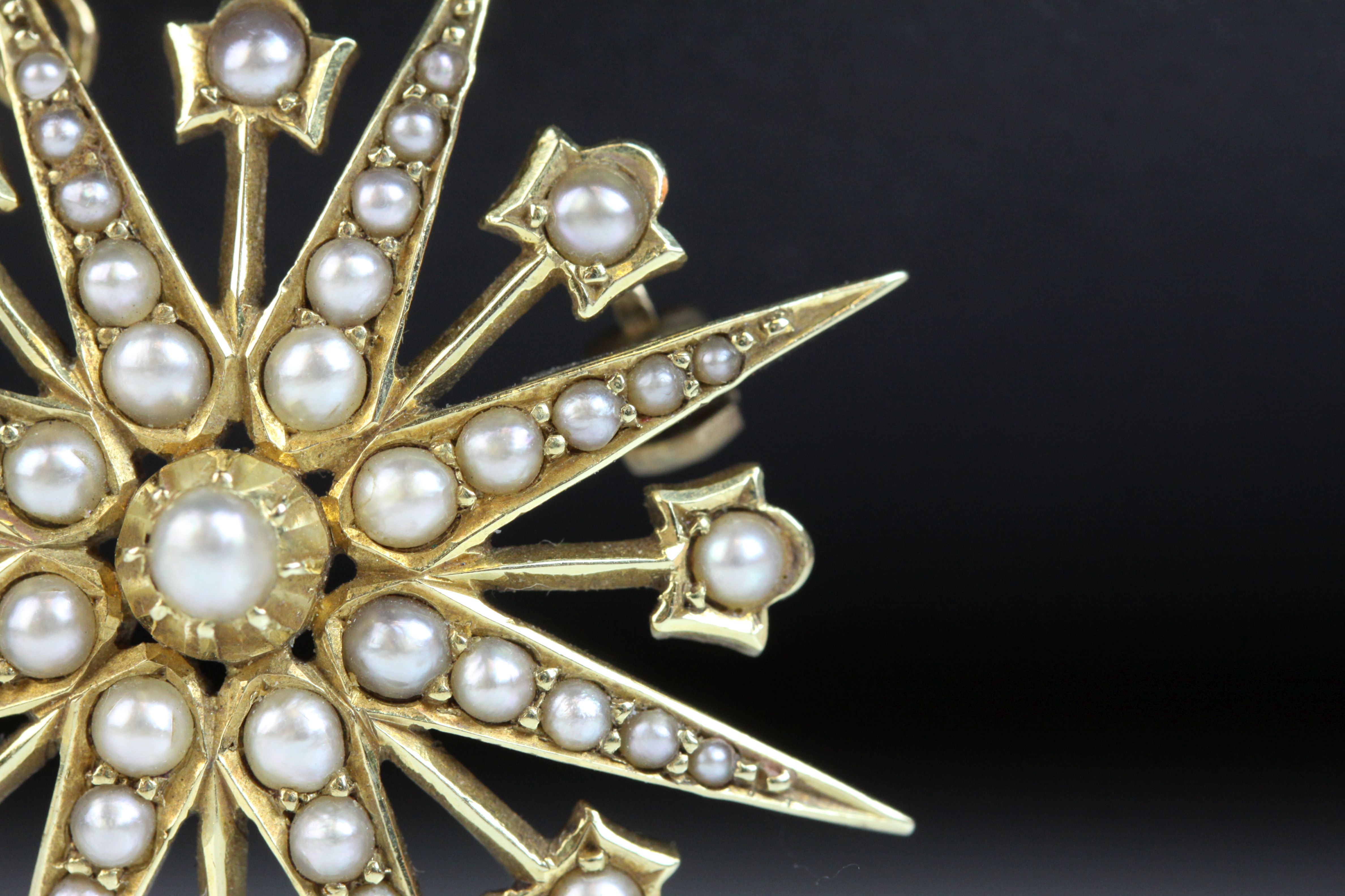 Edwardian seed pearl 15ct yellow gold pendant brooch, eight pronged star full set with graduated - Image 5 of 6