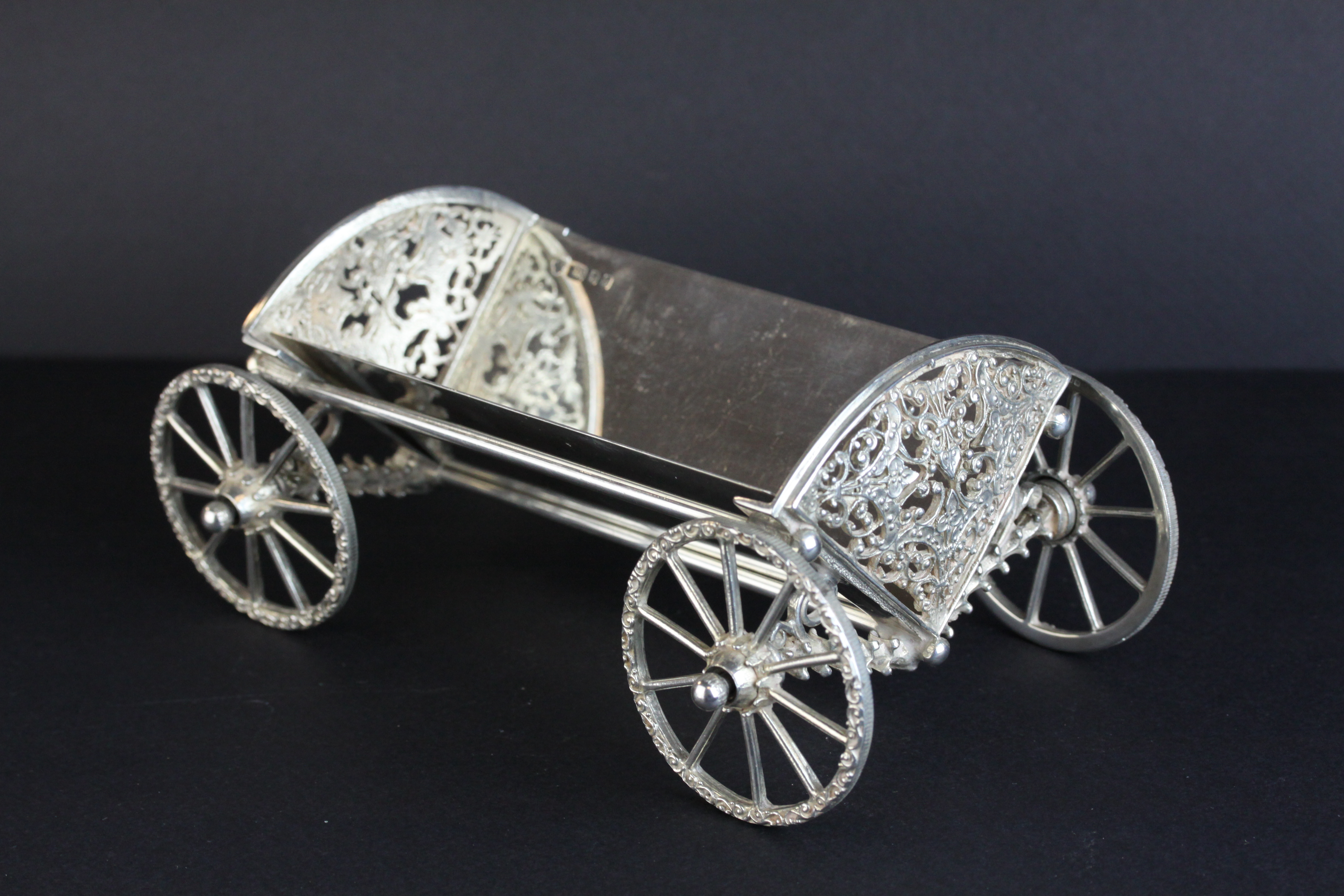 Harrods silver bon bon trolley in the form of a carriage, the pierce tail pieces with foliate scroll - Image 2 of 8