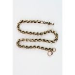 Yellow metal watch chain, the toggle stamped 9c, broken clasp, links unmarked, length approx 38cm