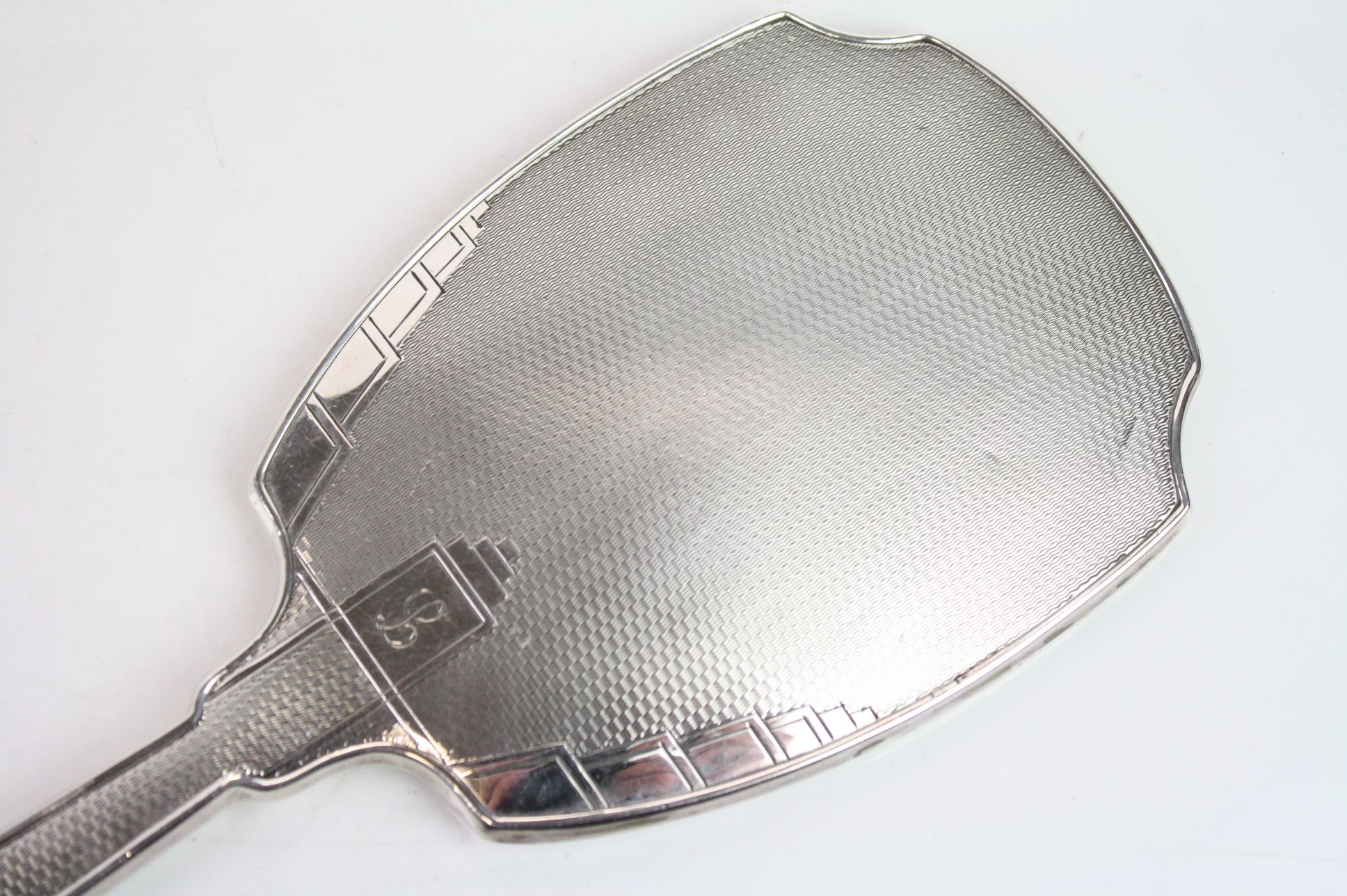 Art Deco silver backed hand mirror, engine turned decoration, stepped details, engraved initial, - Image 3 of 4