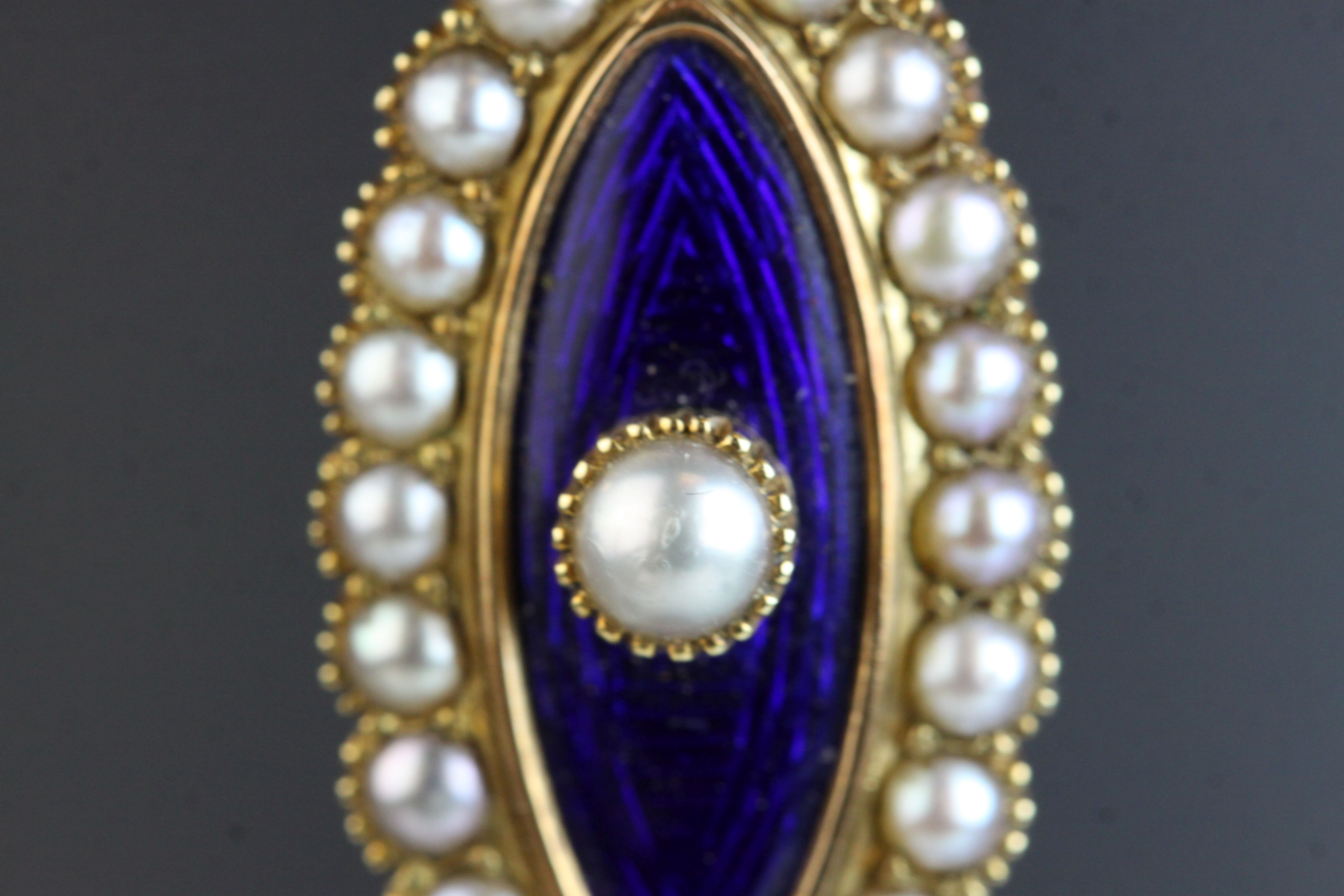 Edwardian pearl and enamelled unmarked yellow gold lace pin, the central blue enamelled marquise - Image 3 of 4