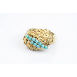 Turquoise 18ct yellow gold crossover style ring, ten small round cabochon cut turquoise stones, claw