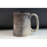 Victorian silver mug, engraved personalisation, bright cut floral and foliate decoration, C shaped