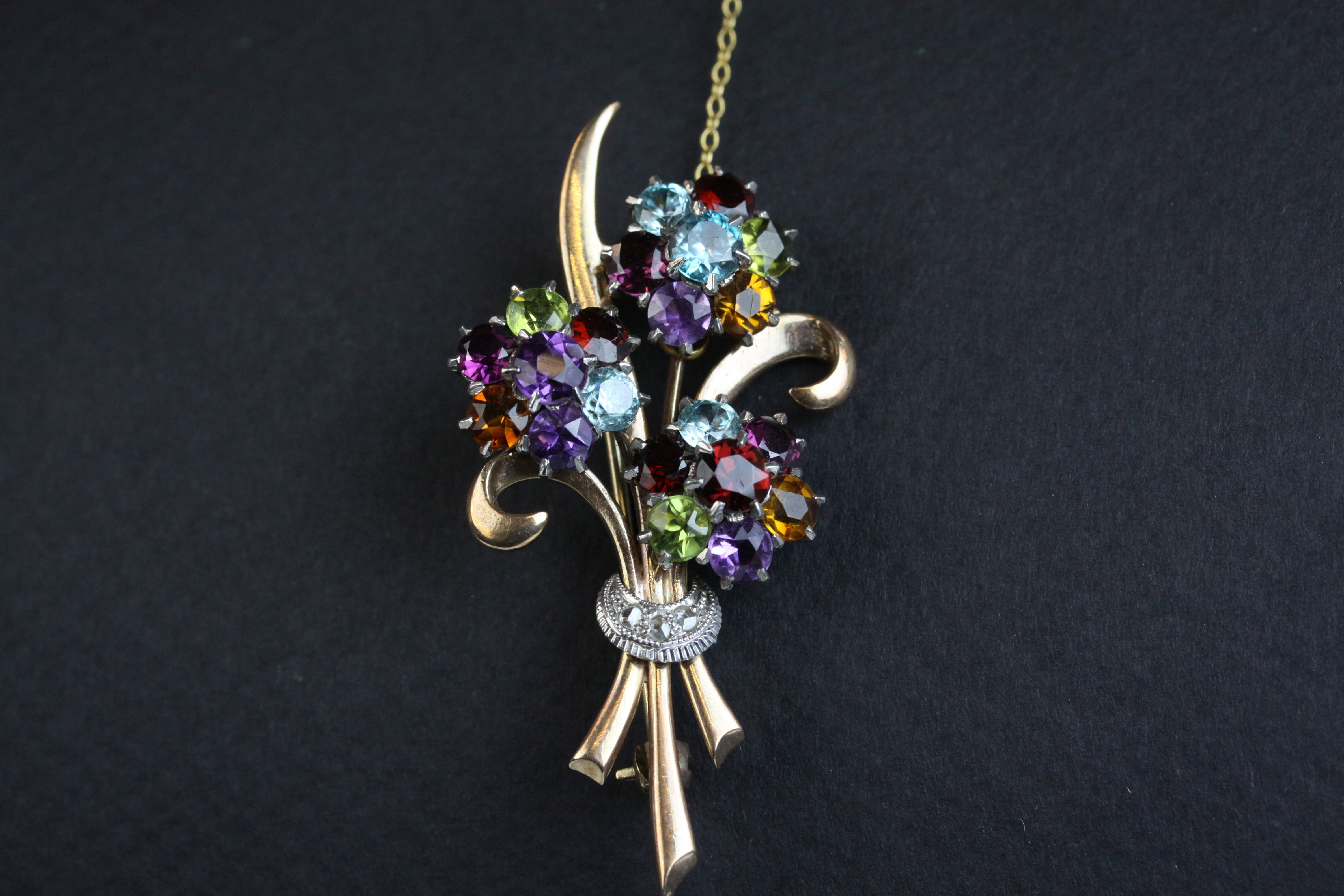 Multi-gemstone 9ct yellow and white gold floral spray brooch, the flower heads set with amethyst, - Image 2 of 7