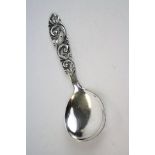 Scandinavian silver spoon, pierced foliate scroll stem, fig shaped bowl, stamped 830S with makers