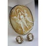 Large cameo depicting the Three Graces, rub over unmarked yellow gold setting, missing brooch pin,