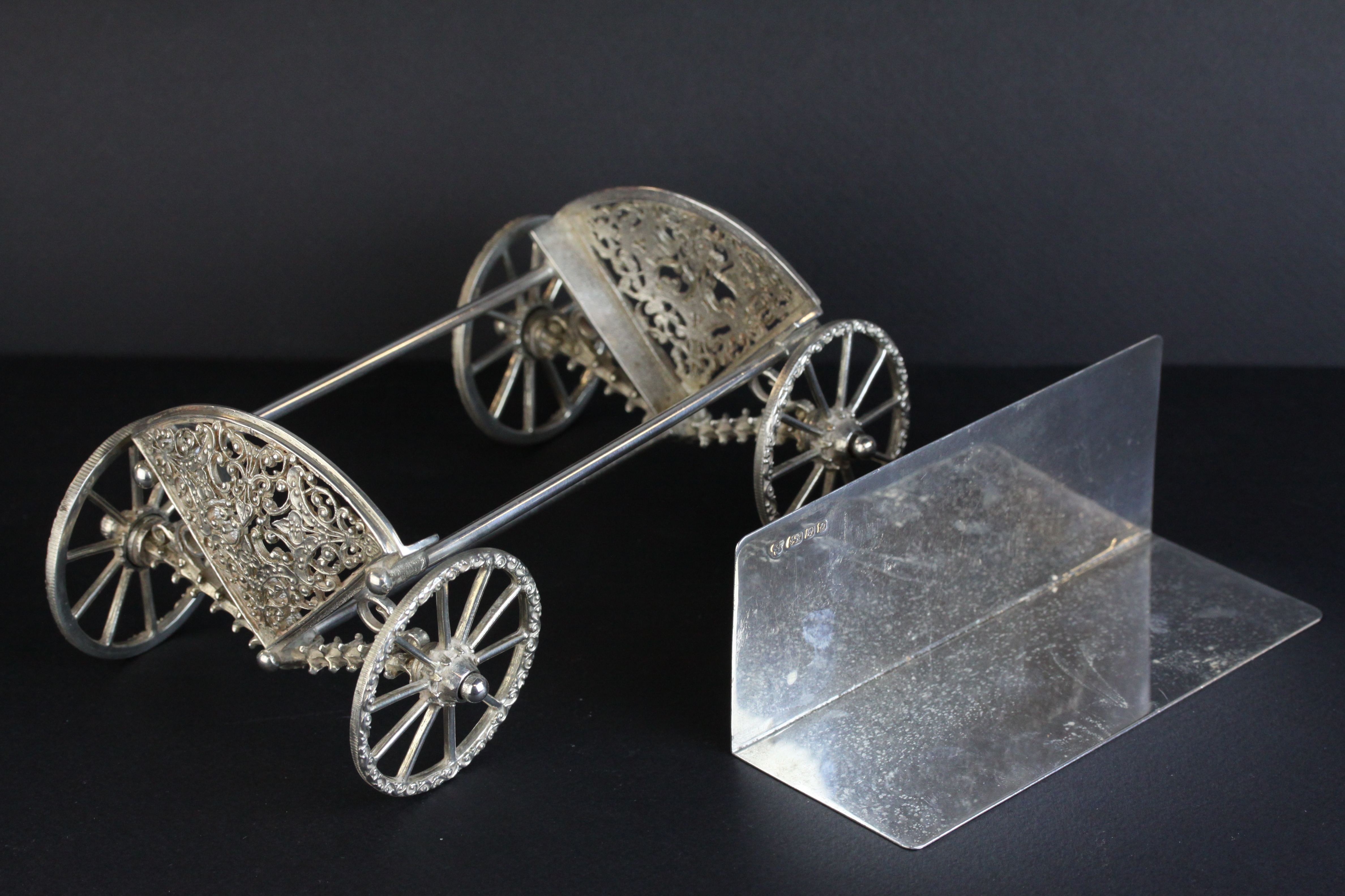 Harrods silver bon bon trolley in the form of a carriage, the pierce tail pieces with foliate scroll - Image 4 of 8