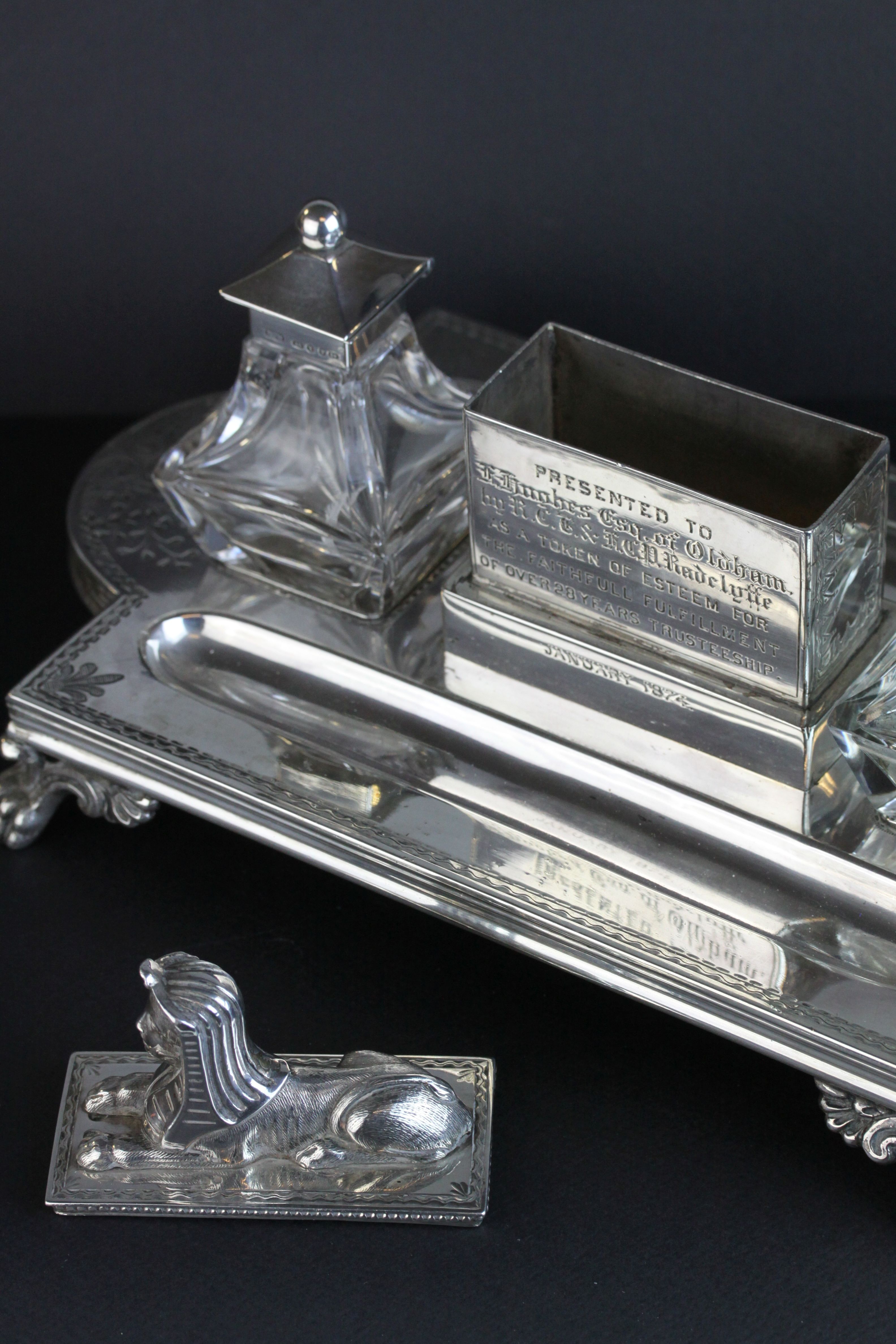 Victorian silver double ink and pen desk stand, the central compartment with cast Sphinx surmount - Image 8 of 20